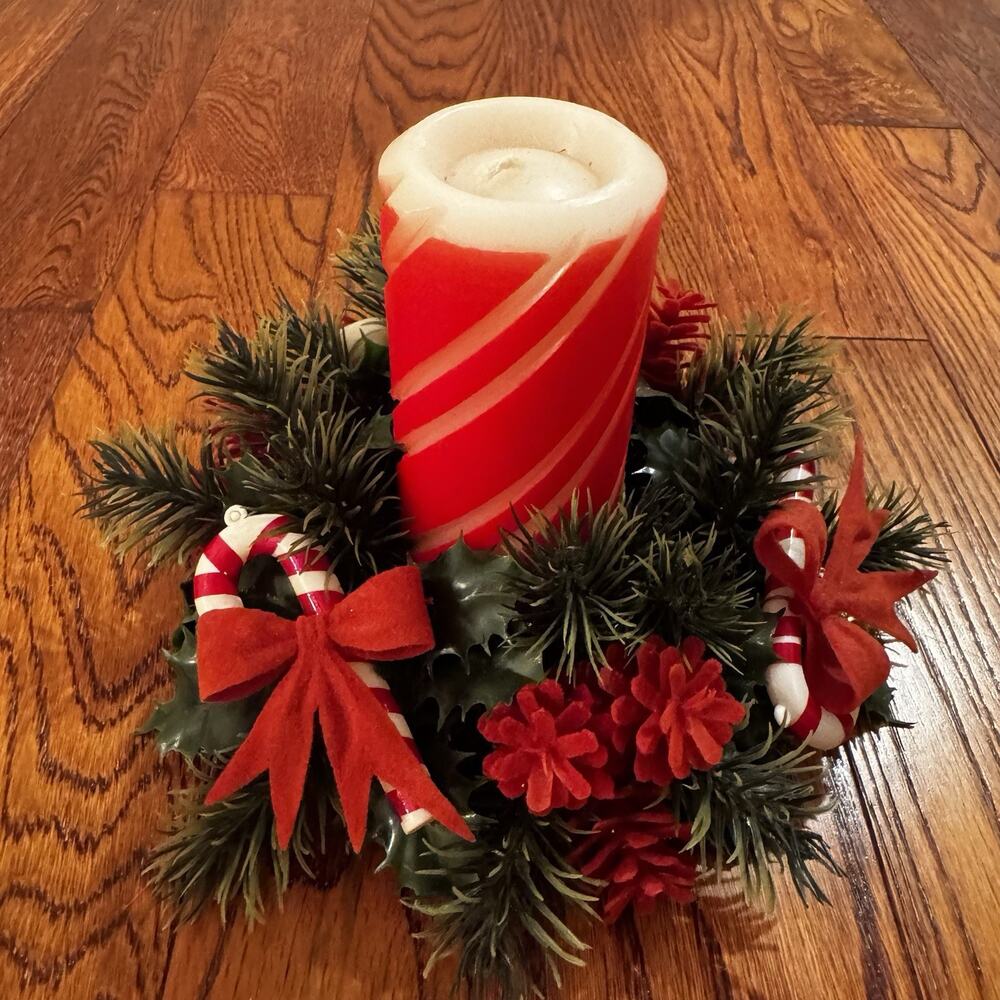 VTG Candle Ring Plastic Holly Candy Canes Flocked Red Bows Pinecones No Candle